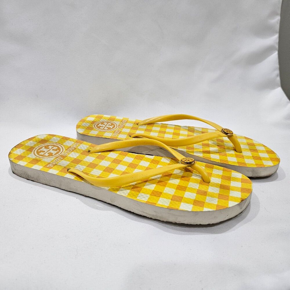 Tory Burch Gingham Flip Flops Size 8 Yellow Slip On Casual Beachy Resortcore
